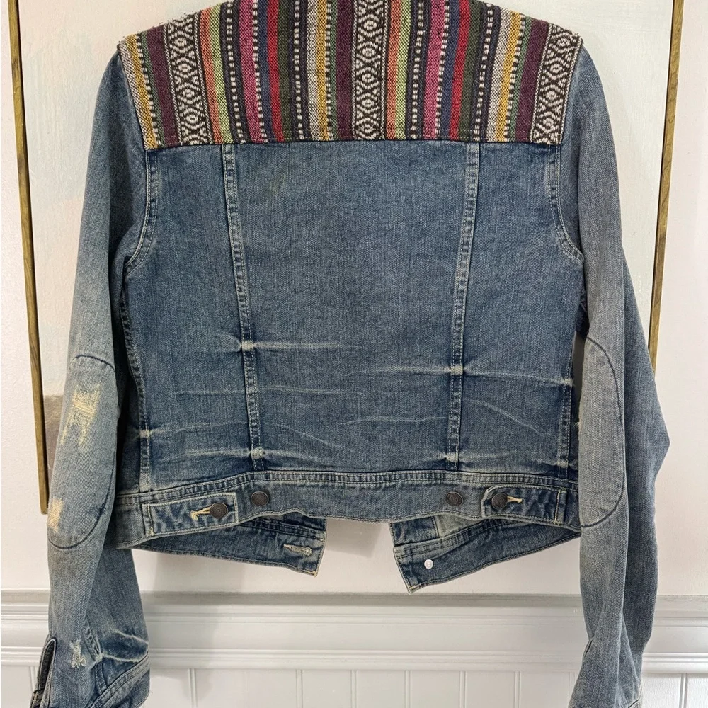 FREE PEOPLE Aztec Jean Jacket Stretch Paneled Bohemian Size 4